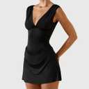 LOFAAC Women Sexy V Neck Backless Bodycon Mini Dress Slim Fit Sleeveless Ruched Formal Going Out Short Dress 2025 Summer (Black, M)