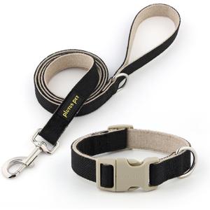 Plutus Pet Cotton Hemp Dog Collar and Leash Set, Adjustable Collar for Small, Medium, and Large Dogs, Heavy Duty and Soft on Skin, Black, XL