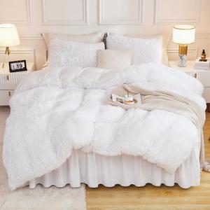 Andency Faux Fur White Comforter King Size, 3 Pieces Fluffy Fuzzy Plush Bedding Comforter Set (1 Shaggy Velvet Comforter & 2 Pillowcases), Soft Puffy Comfy Down Alternative Comforter Bedding Set