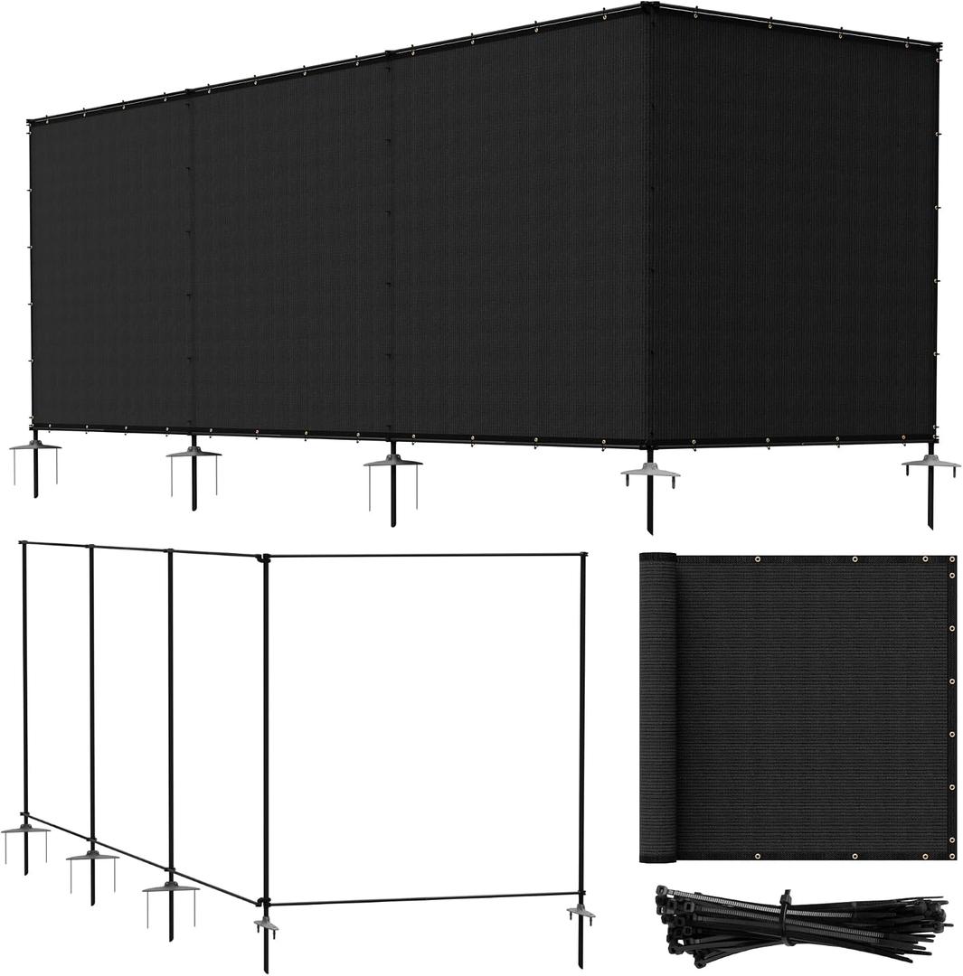 Bynbbur 5'x24' Outdoor Privacy Screen Freestanding with Iron Poles and Stakes, Temporary Dog Fencing, Backyard Divider, Metal Garden Fence for Pool Patio Barrier Border, Black