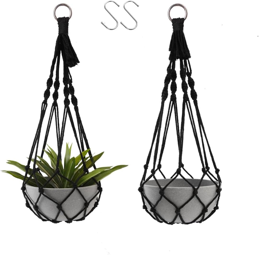 Artilady Black Plant Hanger Macrame Hanging Planter for Indoor Boho Plants Holder with Hooks Hanging Plant Basket Outdoor Window Wall Plants Home Decor (Black Macrame-2pcs)