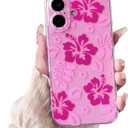 Lovmooful Compatible for iPhone 16 Case Cute Clear Hibiscus Flower Floral Aesthetic Printed Design for Girls Women Soft TPU Shockproof Protective Girly for iPhone 16-Hot Pink