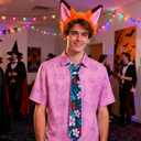 Halloween Cosplay Costume Halloween Costume for Men Pink Printed T-Shirt Headband Purple Tie Set (M)
