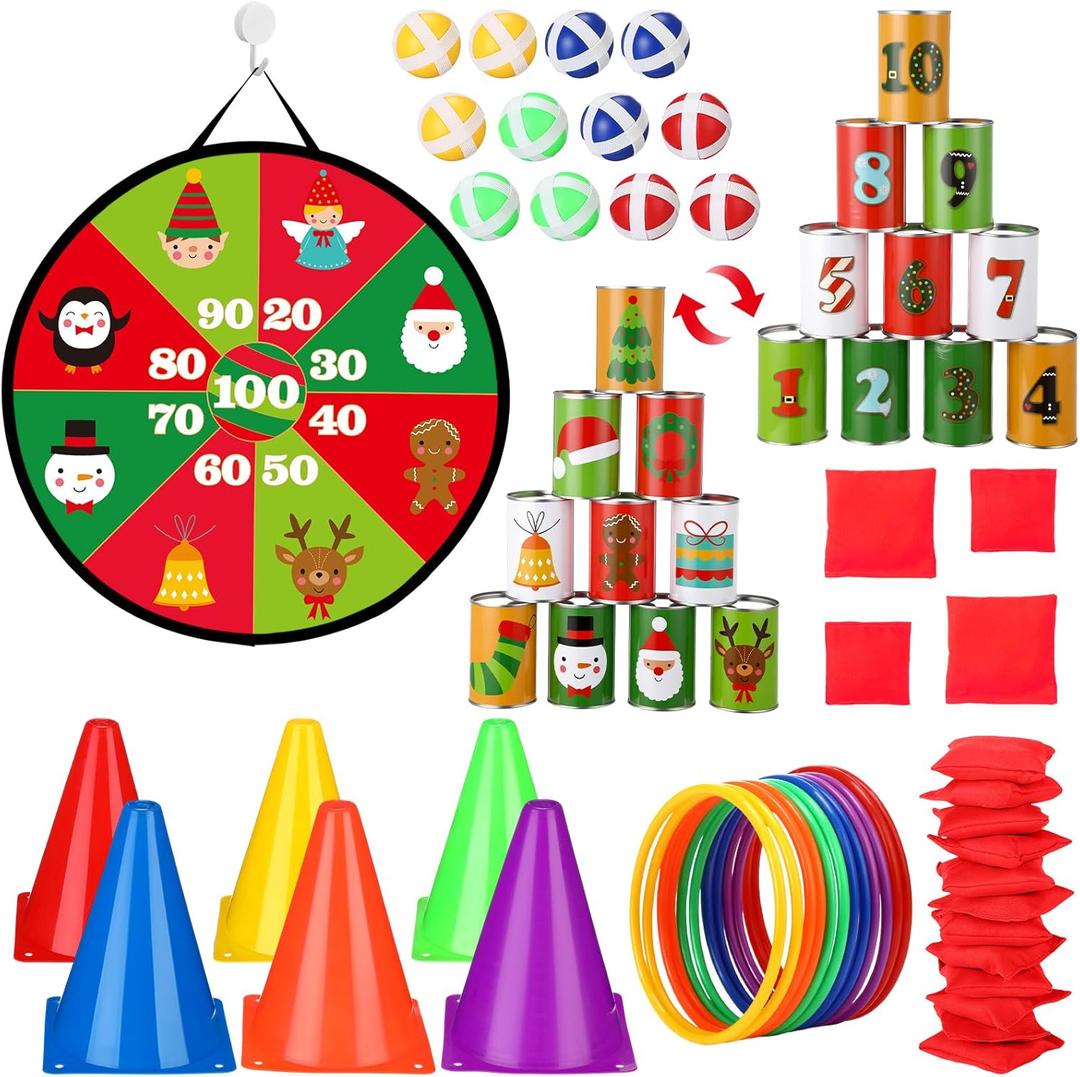 HyDren 58 Pcs Christmas Toss Game Set Knock Down Can Bean Bag Plastic Cones Ring Toss Game Board with Balls for Kids Adults Indoor Outdoor Yard Lawn Carnival Party Favors Games Supplies