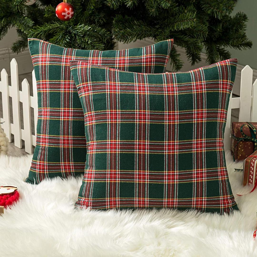 AQOTHES Pack of 2 Christmas Plaid Decorative Throw Pillow Covers Scottish Tartan Cushion Case for Farmhouse Home Holiday Decor Red and Green, 20 x 20 Inches