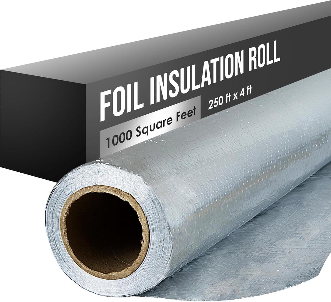 Radiant Barrier, Insulation Roll, Attic Insulation, Reflective House Wrap, 1000 Sq. Feet, 250'x4', Foil, Double Reflective, Aluminum, Mylar, Radient, Thermal, Window, Perforated