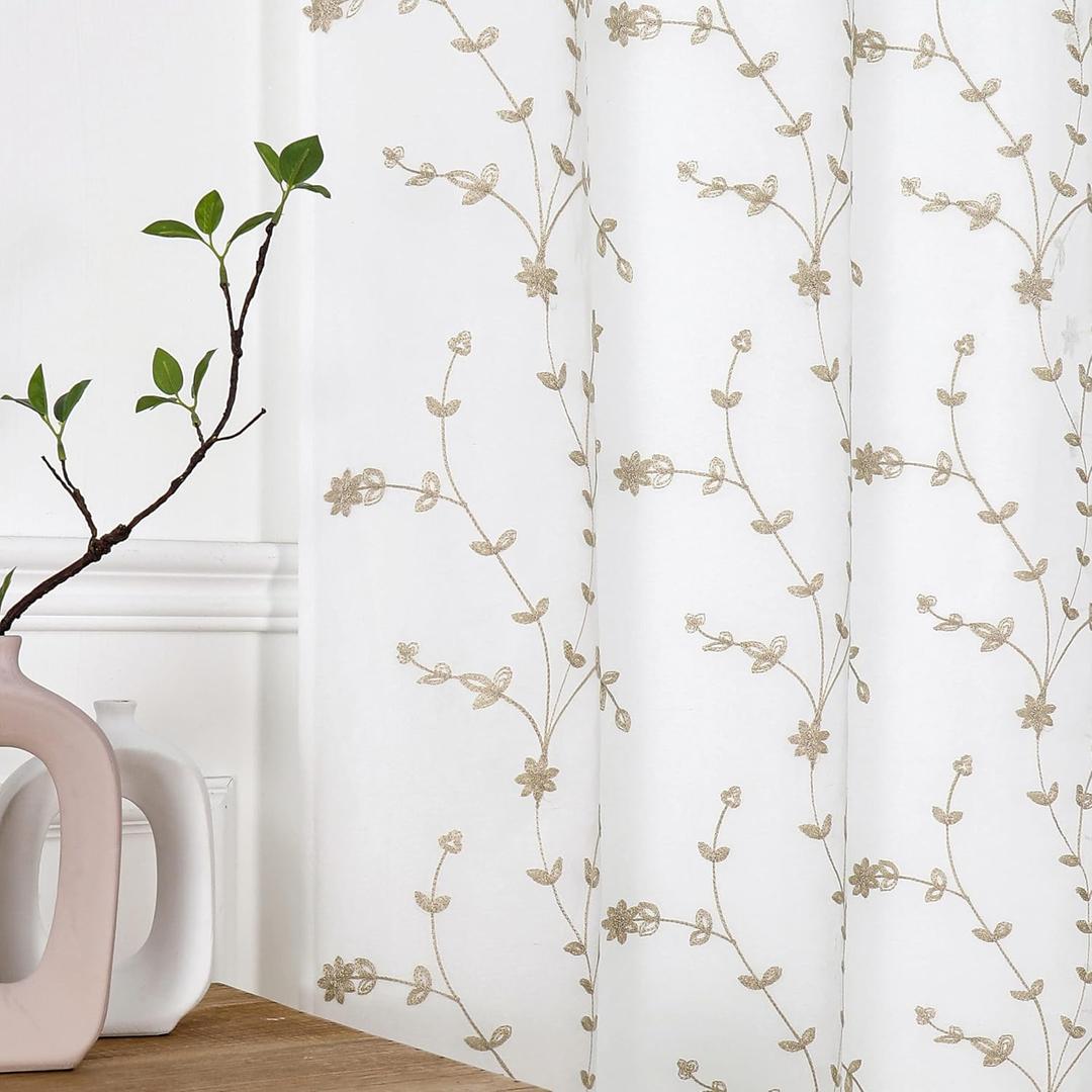 Bujasso White Beige Floral Semi Sheer Curtains 84 inch Embroidered Leaf Patterned Window Curtain Panels with Lined Farmhouse Light Filtering Drapes for Living Room Bedroom Grommet Top W38 xL84 x2 (Tan/Double Layer)