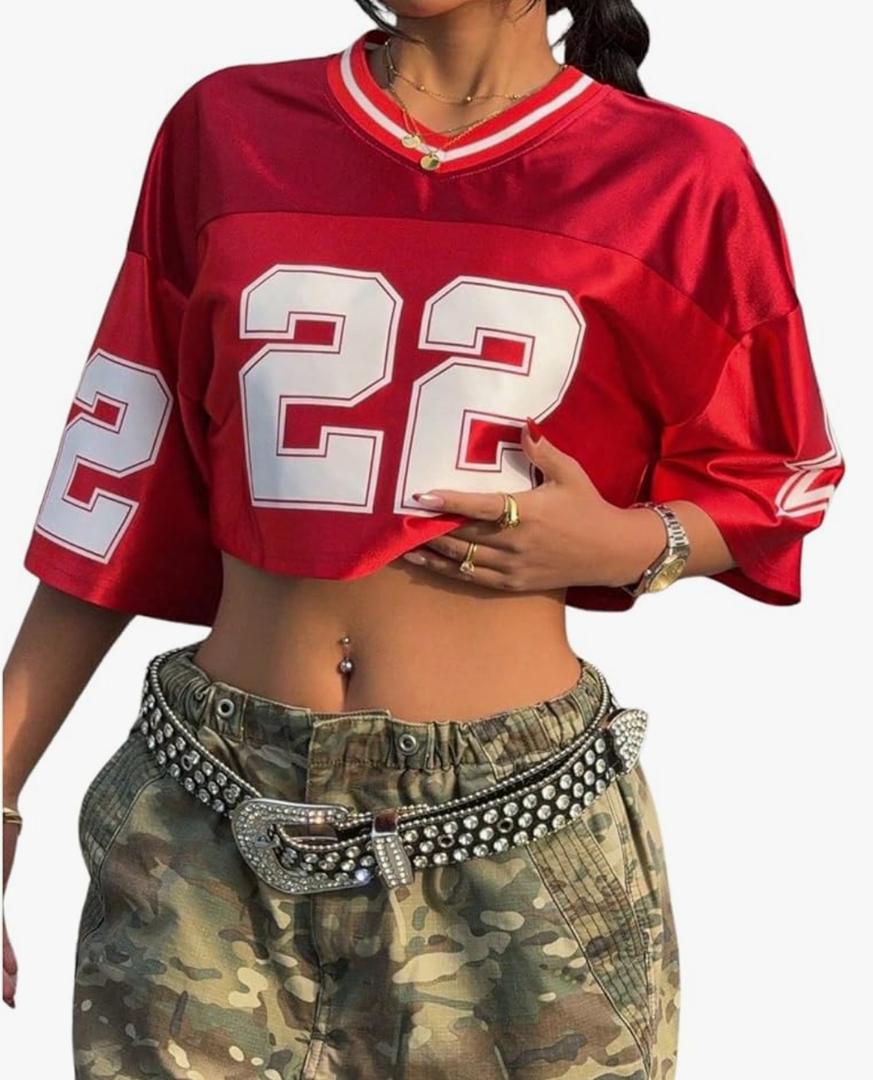 WDIRARA Women's Jersey Shirts Number Graphic Short Sleeve V Neck Tee Loose Crop Top XL WDIRARA Women's Jersey Shirts Number Graphic Short Sleeve V Neck Tee Loose Crop Top XL