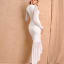 GLNEGE Long Sleeve Fall Wedding Guest Formal Dresses V Neck Ruffles Ruched Cocktail Bodycon Midi Dress for Women White (White)