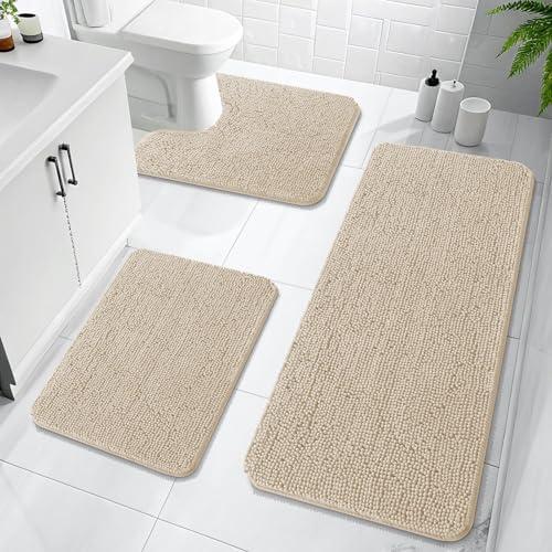 OLANLY Bathroom Rugs Sets 3 Piece, Soft Absorbent Chenille Bath Mats and U-Shaped Contour Toilet Rug, Quick Dry, Home Decor Accessories, Bath Mat Set for Bathroom (47"x20"+24"x16"+24"x20", Sand)