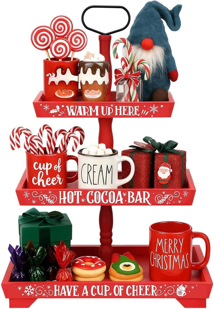 Christmas Hot Chocolate Bar Wood Cocoa Station Decorative Storage Box 3 Tier Chocolate Station Farmhouse Christmas Decorations for Home Office Kitchen Winter Gift( Red)