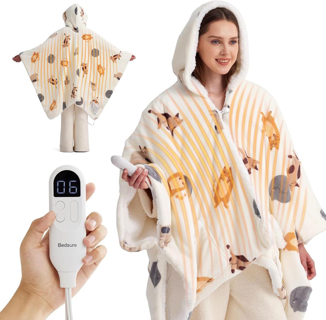 Bedsure Heated Blanket Wearable Shawl - Electric Wrap Poncho Blanket Hoodie for Adult, Winter Gifts for Mom Women Girlfriend, Warm Sherpa Heating Throw, Auto Shut Off, 55x64 inches, Throw, 06 - Printed Cat