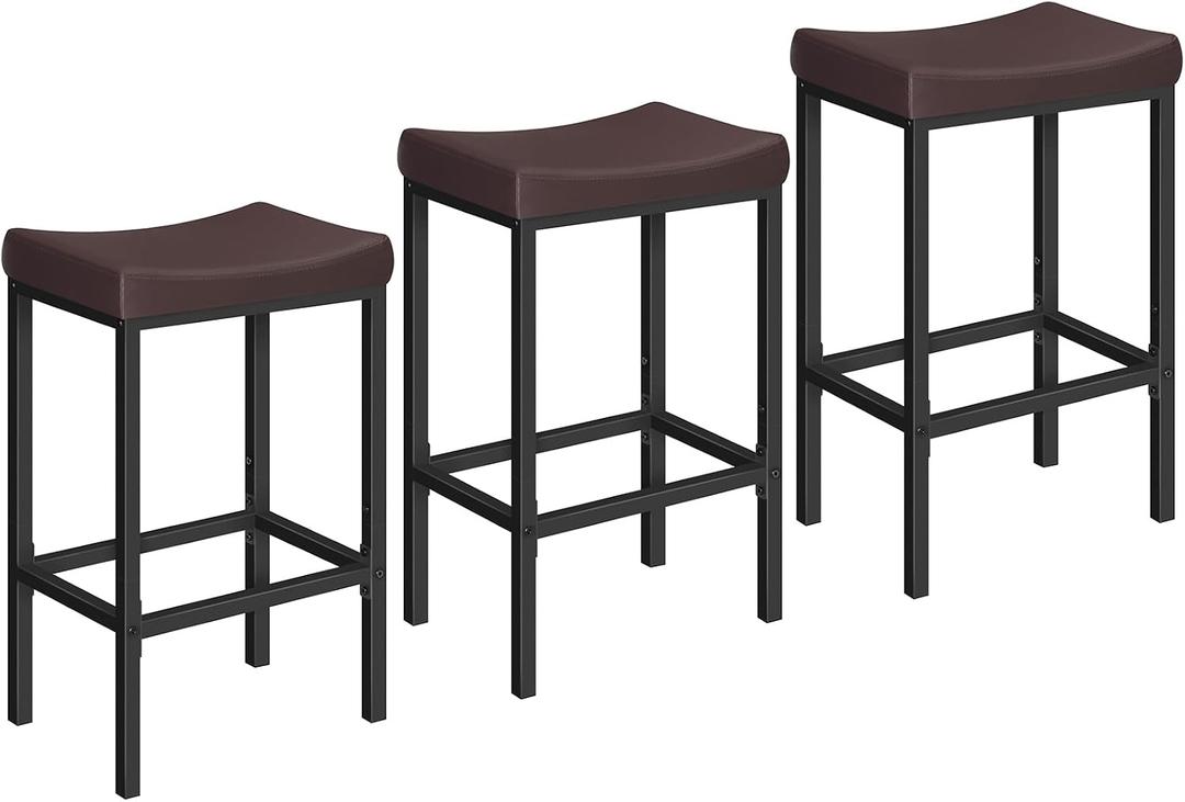 HOOBRO Bar Chairs, Set of 3 Counter Height Saddle Stools with Curved Surface, 24.8 Inches, 2.4" Thick Upholstery, for Kitchen and Dining Room, Brown and Black BC10BYP301, 24.8" H x 16.5" W x 11.8" D