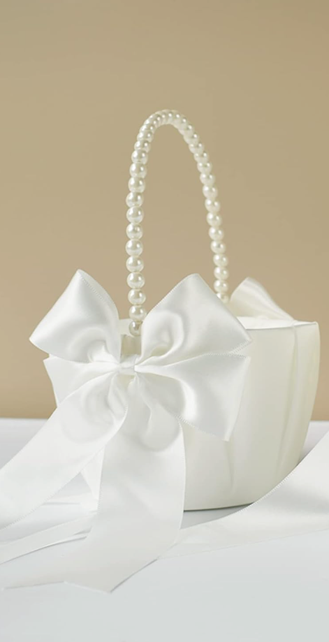 Wedding Flower Girl Baskets with Cute Pearl Handle Bowknot Satin Flower Baskets for Wedding Ceremony, Ivory