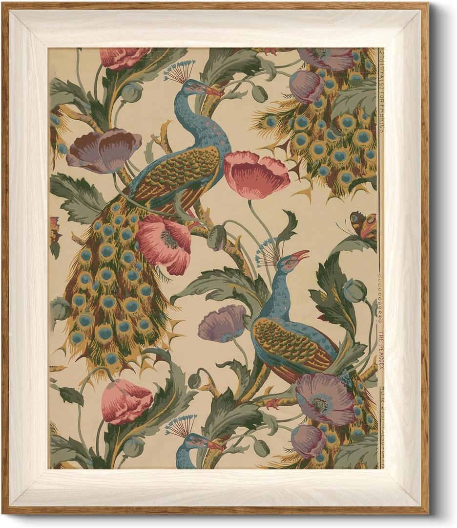 HUARCEY Framed Canvas Wall Art Vintage Peacock, vine with poppies floral Canvas Print Wall Decor, Peacock Art Print Bird Wall Art 10x12 inch, for Bedroom Bathroom Living Room Decor