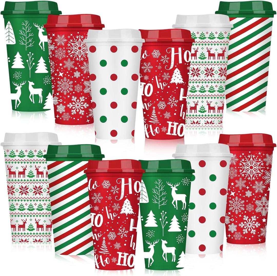 Pickmesh 12 Pcs Christmas Coffee Cups Gifts Bulk 16 oz Reusable Christmas Tree Snowflake Elk Pattern Tumblers with Lid Plastic Travel Coffee Mug for Women Coworkers Holiday Drinks