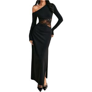 GORGLITTER Women's Lace One Shoulder Bodycon Maxi Dress Ruched Long Sleeve Asymmetrical Neck Long Patchwork Dresses Black Medium