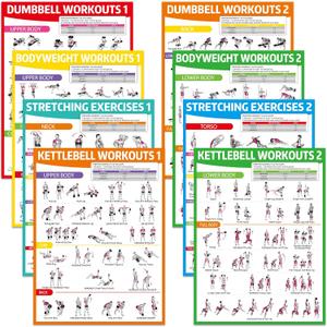 gisgfim 8PCS Workout Posters for Home Gym Dumbbells, Bodyweight, Stretching, Kettlebell Exercise Chart Full Body Fitness Workout Poster Set Muscle Engagement Chart Garage DecorGym Accessories