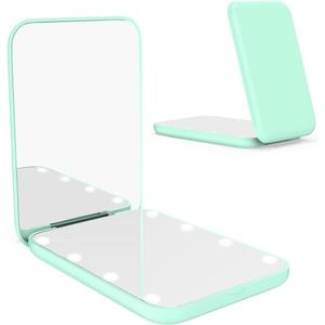 WOBSION Small Mirror with Lights,LED Compact Makeup Mirror,1x/3x Mini Travel Mirror with Magnification,Portable for Purse,Pocket,Gifts for Girls, Cyan 