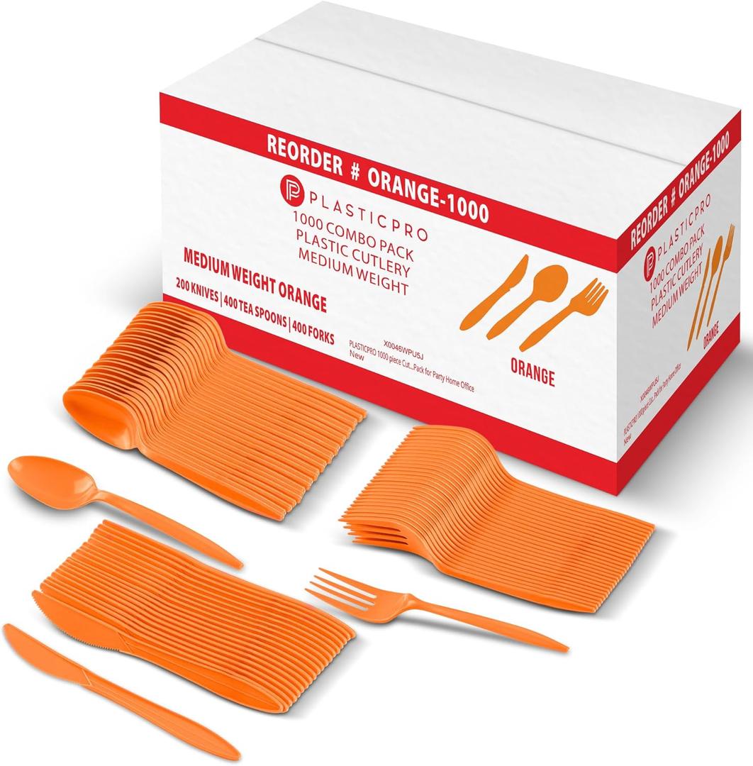 PLASTICPRO 1000 piece Cutlery Combo set of Orange Plastic Forks, Spoons, and Knives Disposable Colored Cutlery Holoween Bulk Pack Variety Pack for Party Home Office