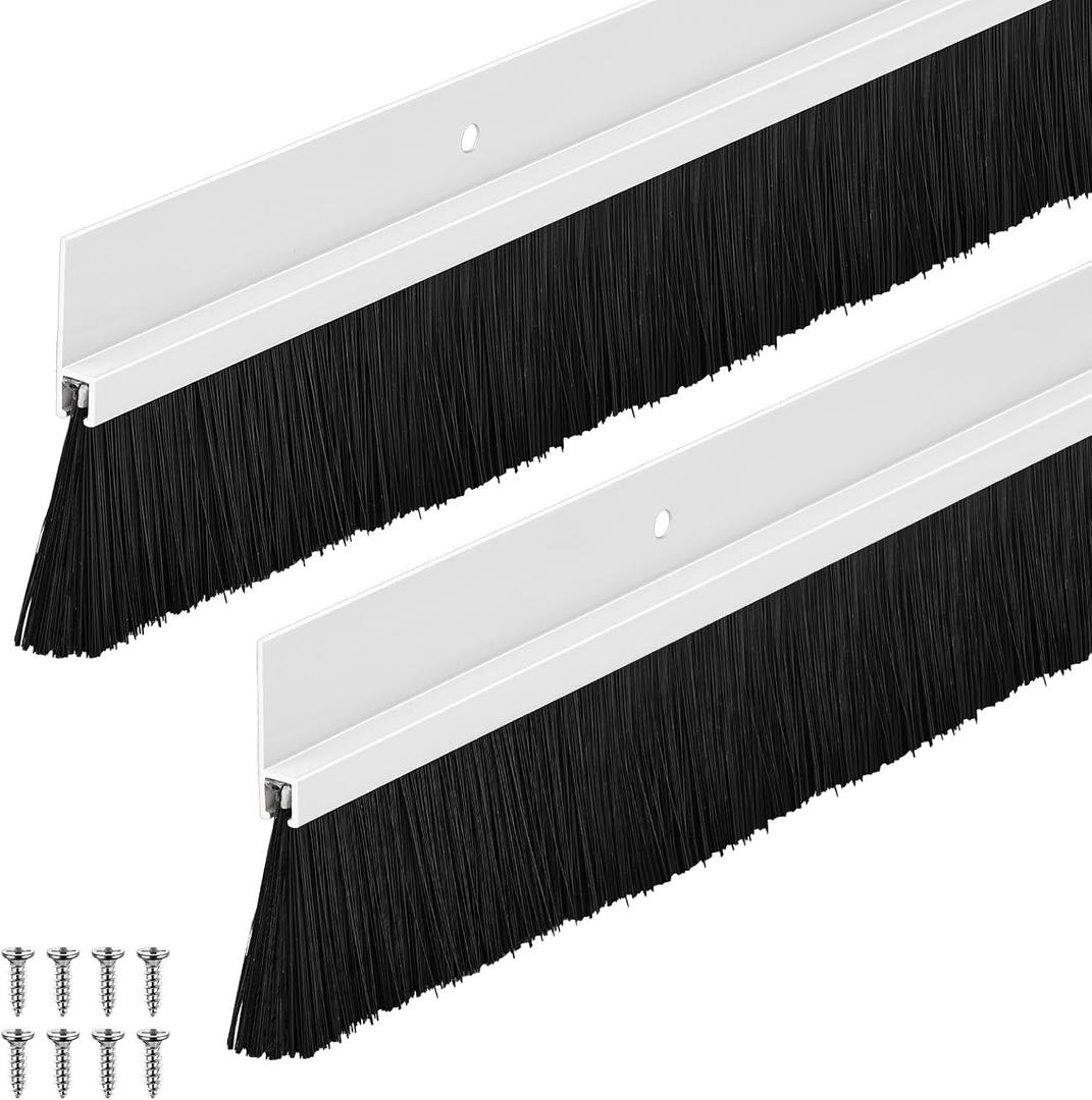 Frienda 2 Set Door Brush Bottom Sweep Brush Weather Stripping Aluminum Door Seal with Screws for Gaps up to 1 Inch, for Home, Commercial Gate, Fill Gaps Dust, Debris (1 x 36 Inch,White)