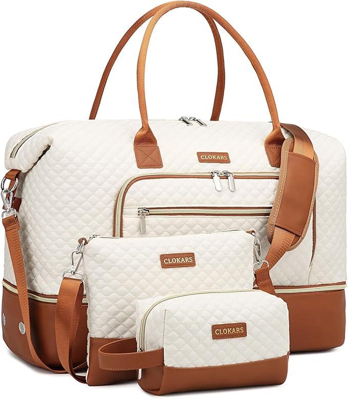 CLOKARS Weekender Bags for Women, Travel Duffle Bag Carry On Overnight Bag with Cosmetics Bag and Crossbody Purse for Gym Hospital, Gifts for Women, Beige Brown
