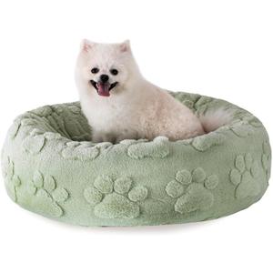 23 Inch Calming Dog Bed for Small Dogs Cats, Kitty Puppy Round Anti-Anxiety Warm Bed, Soft Cozy Anti-Slip Donut Washable Pet Bed, Fits up to 30 lbs Pets (Green Paw)