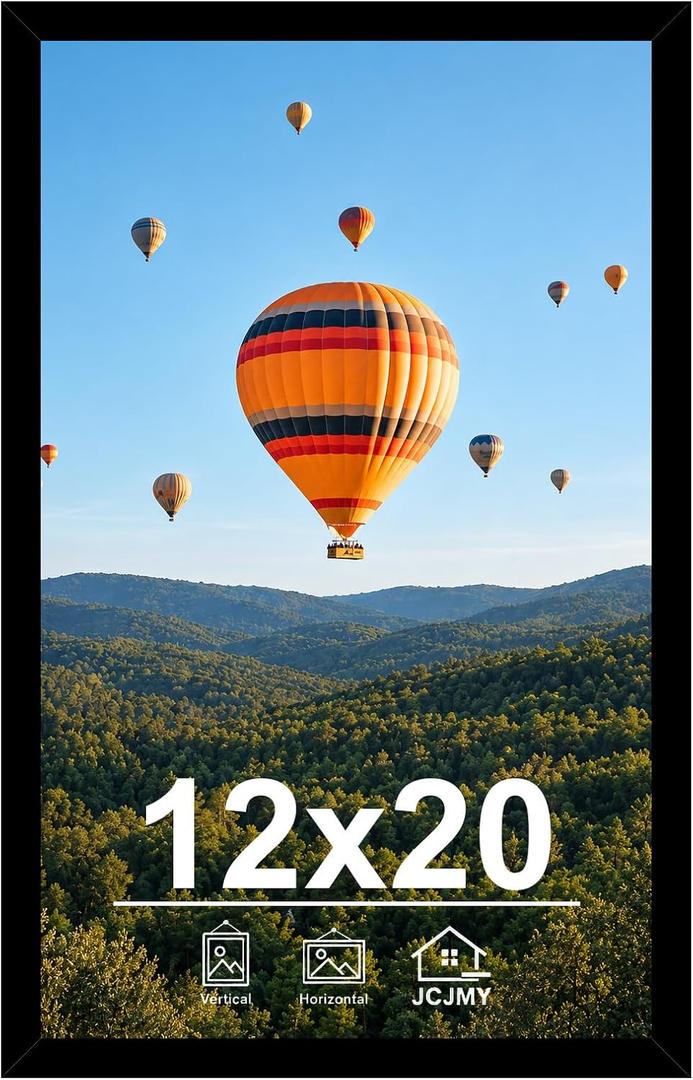 JCJMY 12x20 Picture Frame Black for Poster Photo Picture, Horizontal and Vertical Formats for Wall Hanging, 12 x 20 Wall Gallery Poster Photo Frame for 12 by 20 Photos Posters, Black