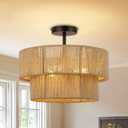 15.7'' Boho Light Fixtures Ceiling Mount, Coastal Hemp rope Semi Flush Mount Ceiling Light Fixture,3-Light Rattan Light Fixtures With 2-Tier Drum Shade, Farmhouse Chandelier Bedroom Ceiling Lamp, 16 Inch
