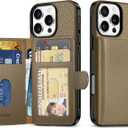 SHIELDON Wallet Case for iPhone 16 Pro 6.3", Genuine Leather Non-Detachable Magnetic RFID Blocking Card Wallet with 6 Card Slots, Slim Shockproof Cover Compatible with iPhone 16 Pro - Pebbled Khaki