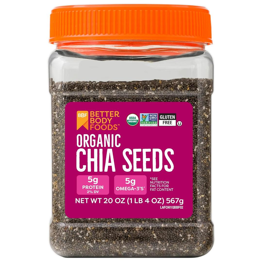 BetterBody Foods Organic Chia Seeds with Omega-3, Non-GMO, Gluten Free, Keto Diet Friendly, Vegan, Good Source of Fiber, Add to Smoothies, 1.25lb (EXP 05/13/28)