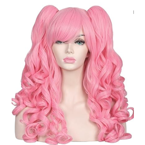 ColorGround Cute Long Curly Cosplay Wig with 2 Detachable Ponytails (Light Pink)