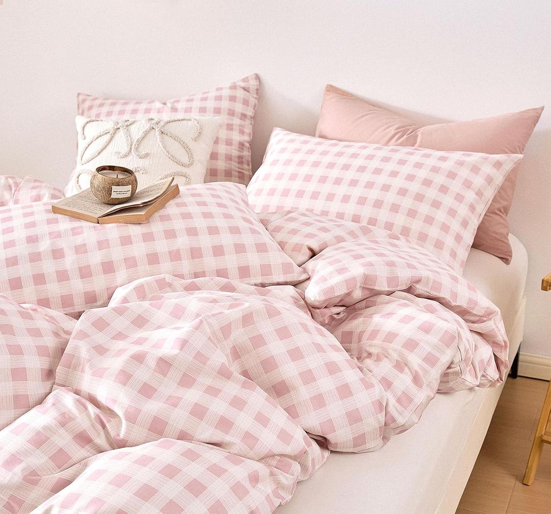 LEMIROE Cottage Gingham 100% Cotton Duvet Cover Queen Size 3PC - Sweet Blush Pink & Soft White Mini Check Pattern, Modern Farmhouse Bedding Set with Button Closure (90"90")