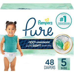 Pampers Pure Protection Baby Diapers, Size 5 (27+ lbs), 48 Count, Up to 100% Leakproof, Premium Plant-based Skin Protection, Hypoallergenic Soft Diapers
