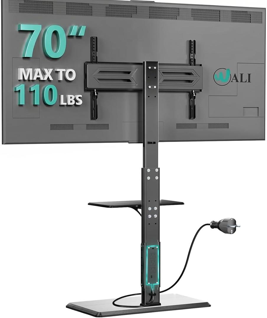 WALI Floor TV Stand with Power Outlet & AV Shelf, Tall TV Stand Mount for 32-70 inch TV up to 110 lbs, Swivel and Height Adjustable TV Stands with Wood Base for Bedroom, Office(TVDVD-6P), Black
