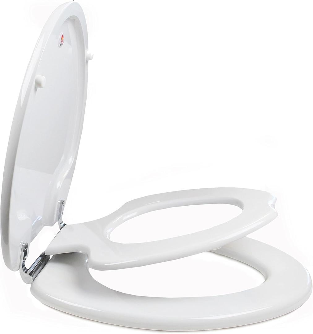 TinyHiney Potty Elongated Toilet Seat, Adult/Child, w/Chromed Metal Hinges (Elongated White)