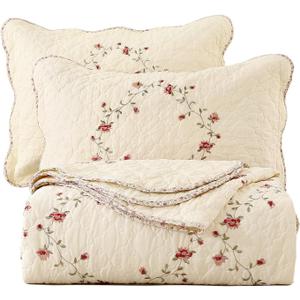 vctops 3-Piece Floral Embroidered Bedspread Coverlet Set Twin Size 100% Cotton Reversible Patchwork 1 Quilt and 2 Pillow Shams (Flower,Twin)