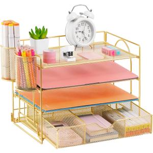 Lavatino Paper Letter Tray Organizer with File Holder, 4-Tier Desk Accessories & Workspace Desk Organizers with Drawer and 2 Pen Holder for Office Supplies (Gold)