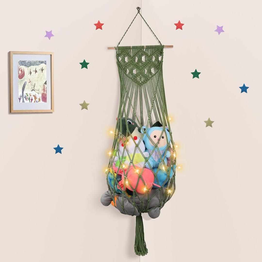Stuffed Animal Storage, 63'' Jumbo Stuffed Animal Hammock Corner Wall Ceiling Over Door Hanging Toy Hammock Organizer, Avocado Green Toy Net w/Boho Tassels Star Light for Nursery Boys Girls