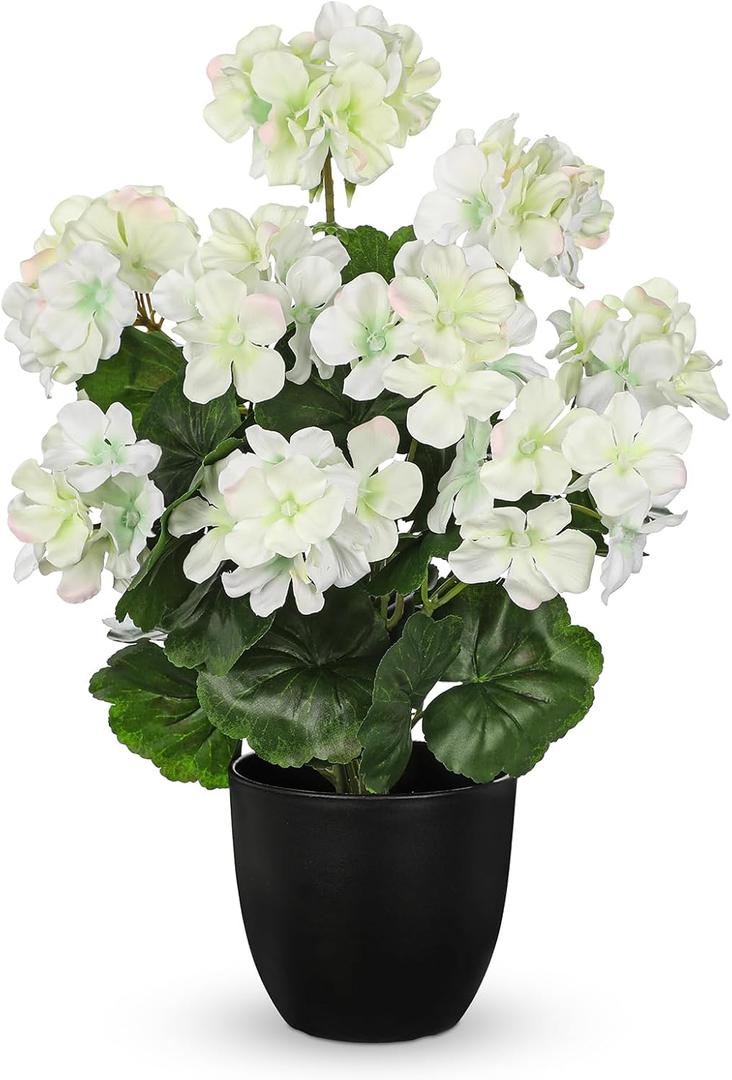 Briful 17 Geraniums Artificial Flowers Realistic Potted Plant  White Fake Geraniums for Outdoors, Silk Flowers Artificial Outdoor Plants for Indoor Home Decor, Farmhouse Table Centerpiece Decoration (16.9'' Tall White)