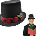 Nicky Bigs Novelties Black Christmas Top Hat, Snowman Hat for Men With Plaid Band & Berries, Pilgrim Hats, Victorian TopHat For Adults, Ugly Christmas Sweater Costume Black TopHat, One Size Fits All