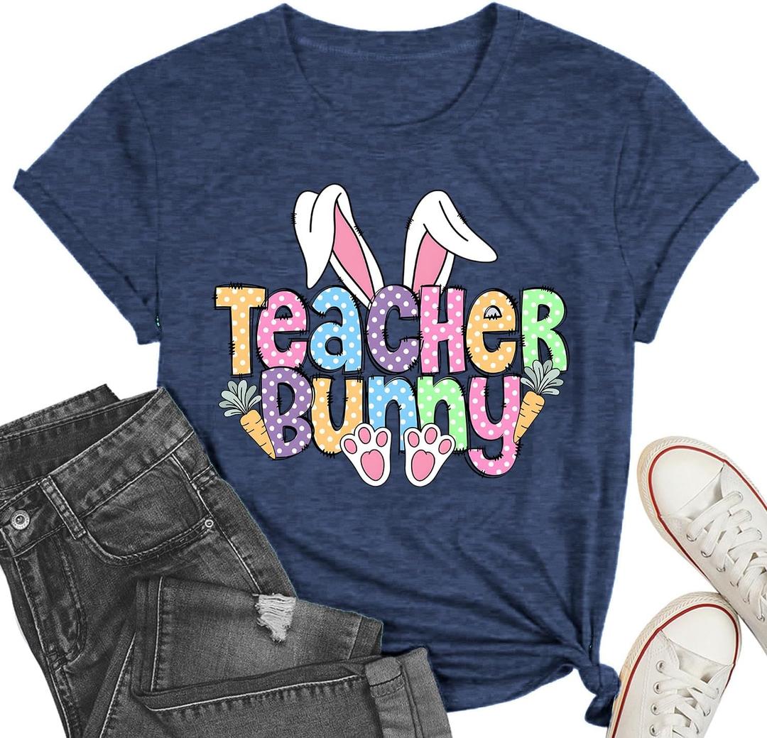 Easter Shirts for Women Happy Teacher Bunny Print Tshirt Funny Rabbit Carrot Graphic Tee Top Blue, XL