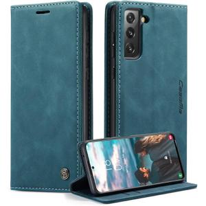 for Samsung Galaxy S21 FE Case, Flip Wallet Leather Case with Card Holder Magnetic Closure Shockproof Kickstand Protective Phone Cases Cover for Samsung S21 FE, Blue-Green