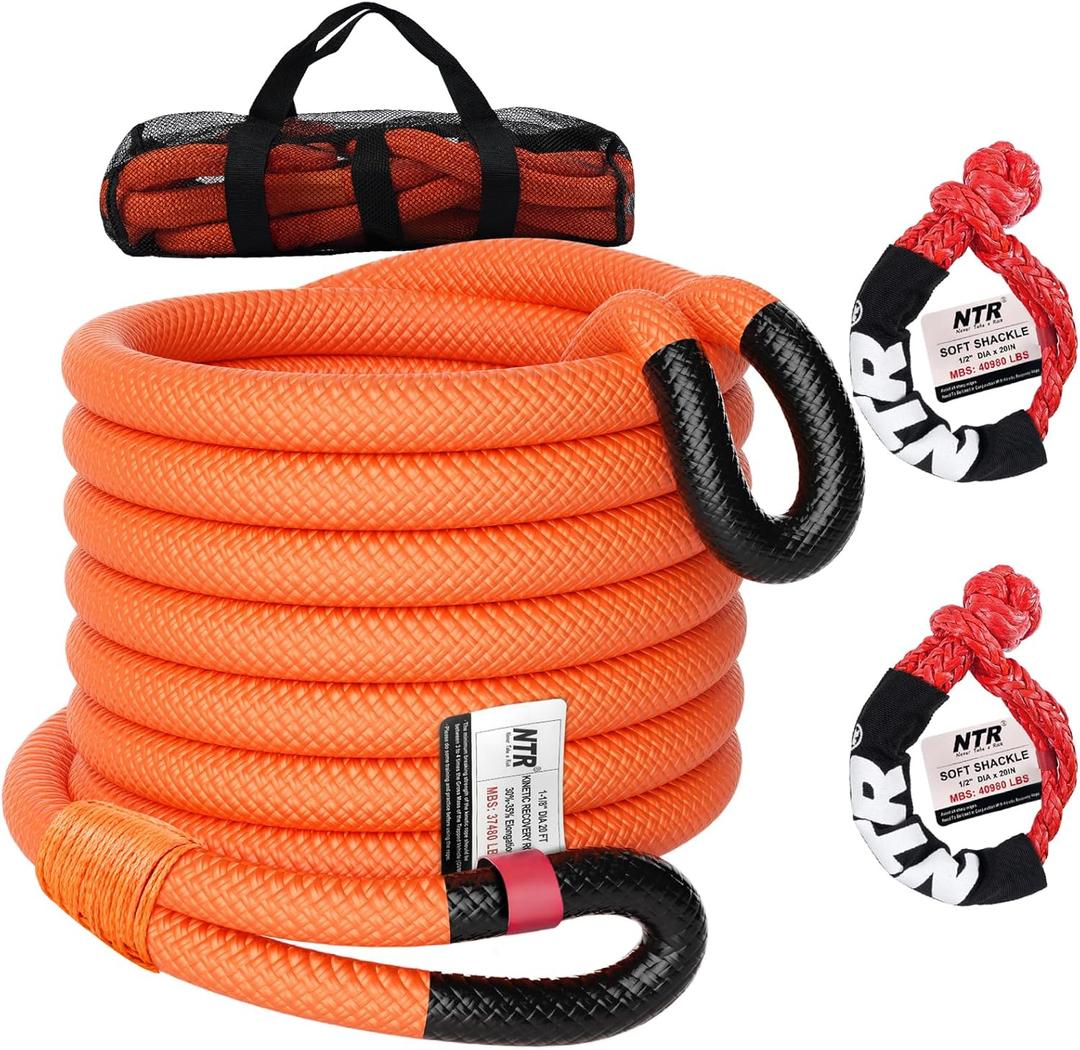 NTR 1-1/8" x 20' Kinetic Recovery Tow Rope (37,480lbs), with 2 UHMWPE Soft Shackles (40,980lbs), Heavy-Duty Offroad Snatch Strap, Vehicle Recovery kit for Jeep car Truck ATV UTV SUV, Orange