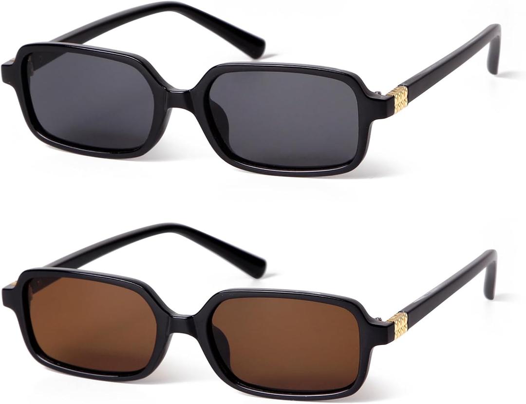 VIA LEECA Retro Rectangular Sunglasses for Women Small Vintage Fashion Cute Narrow 90s Trendy Sunnies 2025 (Black Frame Grey + Brown Lens)