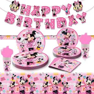 62 Psc For Minnie Birthday Party Supplies Set, Pink Theme, with Banner, Plates, Cups, Utensils, Napkins, Tablecloth