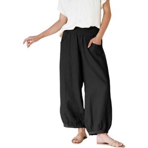Xiaoxuemeng Womens Wide Leg Pants Cotton Linen Barrel Pants Elastic Waisted Lounge Trousers with Pockets (Black, M)