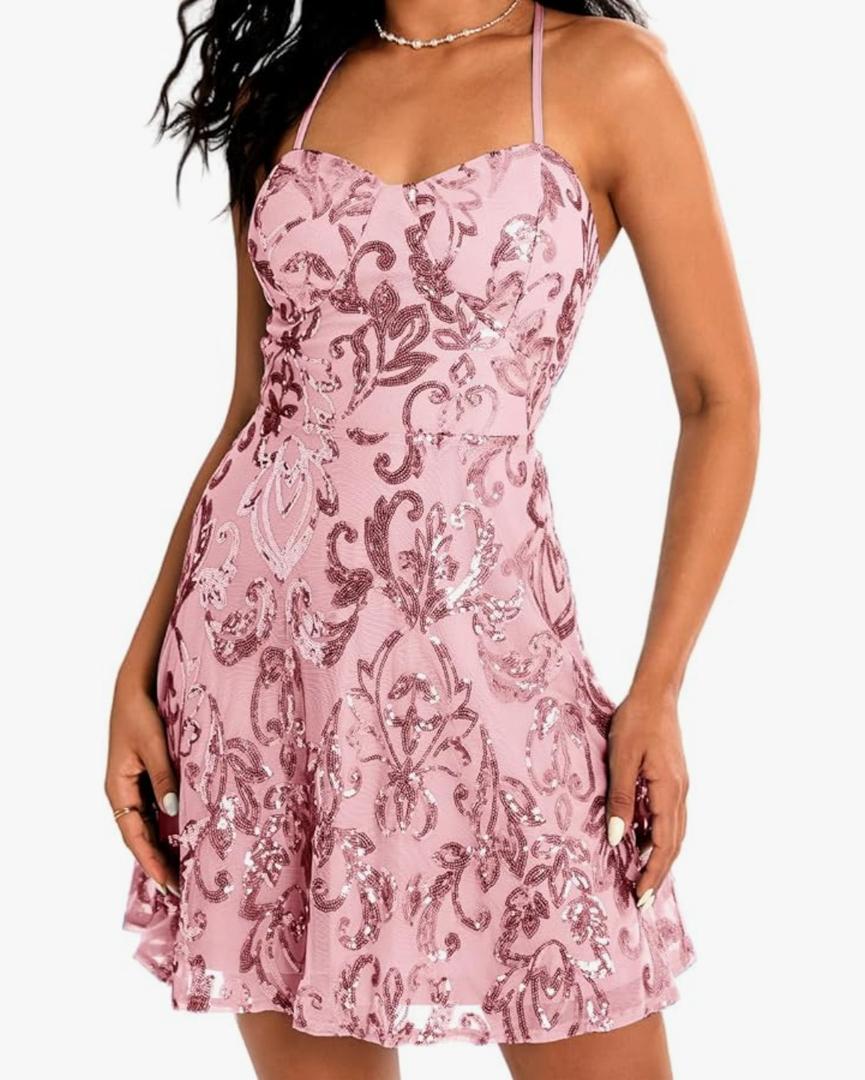 Women's Sequin Dress Spaghetti Straps Sparkly A Line Swing Party Nightclub Dance Mini Dress Above Knee Length Size M