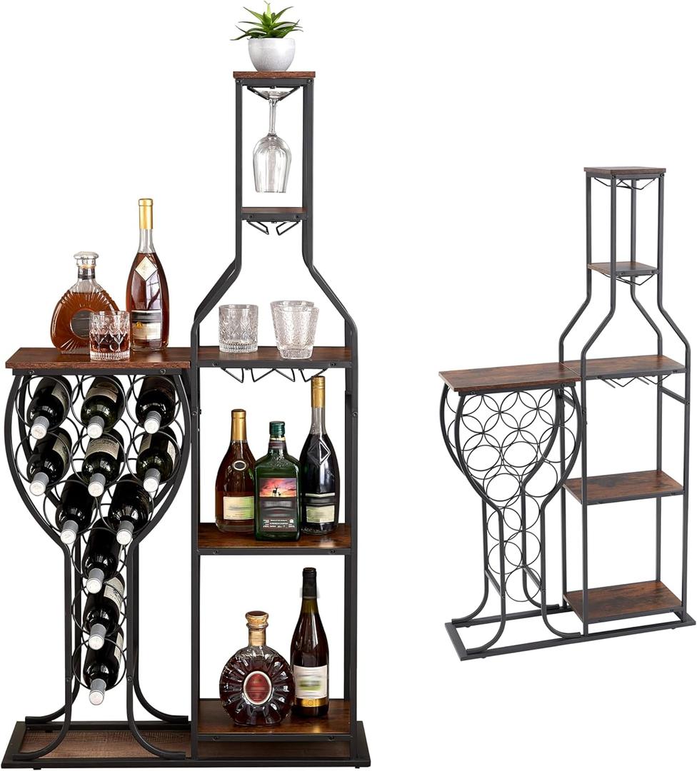5-Tier Wine Rack Freestanding Floor, 11 Bottles Modern Wooden Wine Holder-Storage Cabinet for Home Bar, Kitchen, Dining Room Space Saving Bar Stand with Easy Assembly.(Brown) (Deep Red)