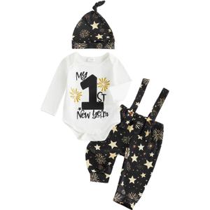 BeQeuewll Newborn Baby Boy Mardi Gras Outfit Letters Print Romper Striped Suspender Pants Overalls 3pcs Carnival Clothes Set  9-12M